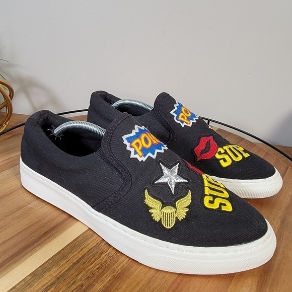 Soda Black Canvas Slip On Sneakers with Embroidered Patches Size 9 - Picture 5 of 15